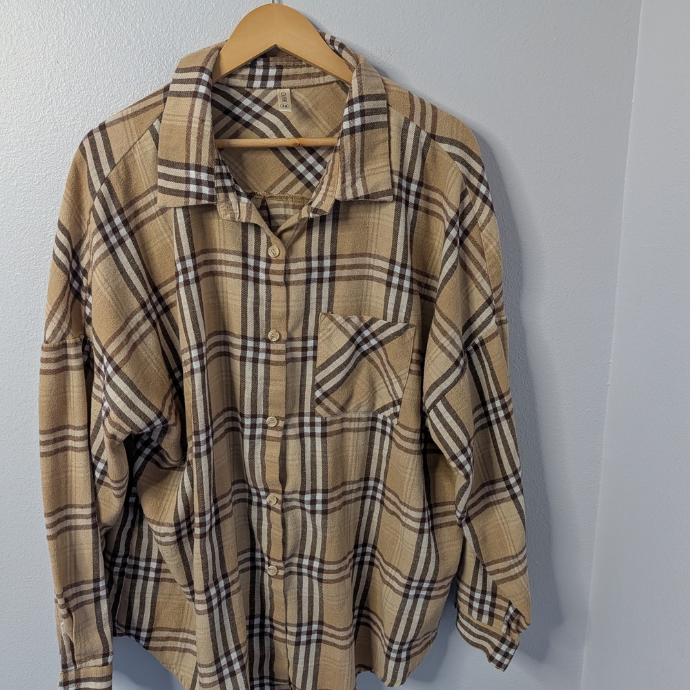 Olrik Oversized Plaid Button Down Shirt | Plus Size 3X | Tan Brown Flannel Top‎